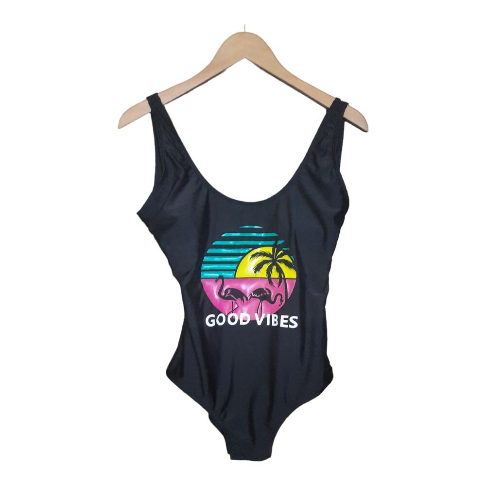 PatPat Womens Black Pink Flamingo One Piece Swimsuit Size Small NWT